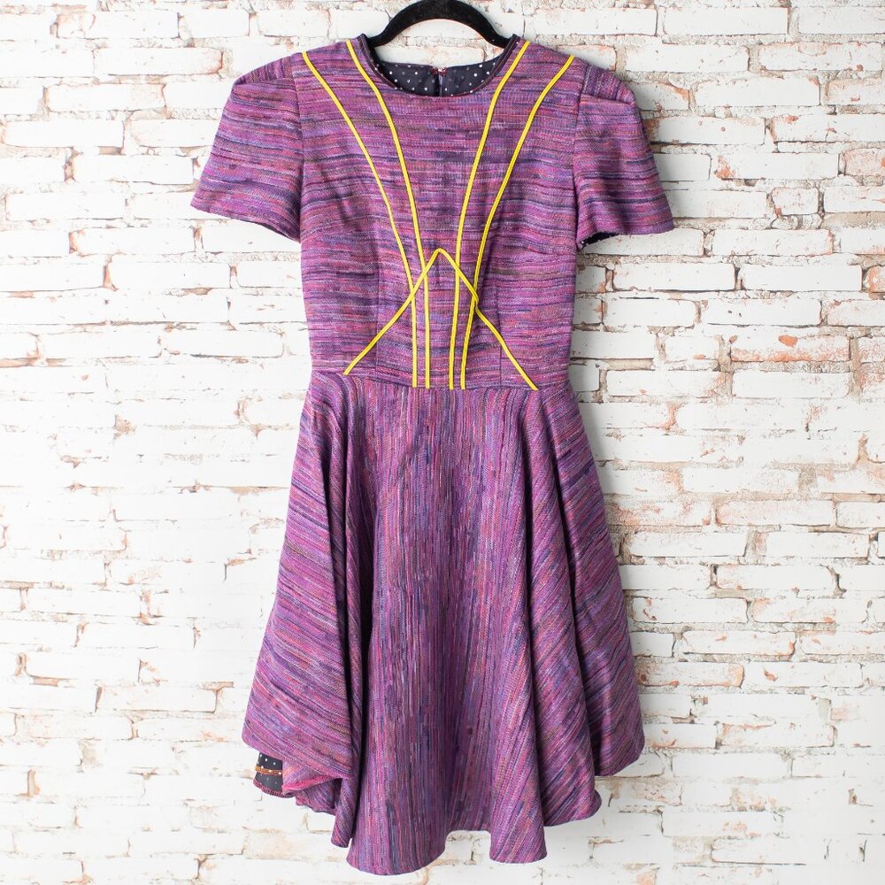 Handmade Women's Small Purple Fit Flare Dress Yellow Piping Short Sleeve Pockets - Picture 2 of 8
